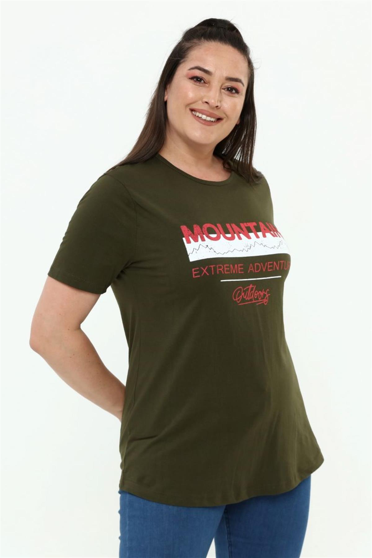 Tshirt Büyük Beden Yazı Baskılı Bisiklet Yaka T-Shirt Haki
