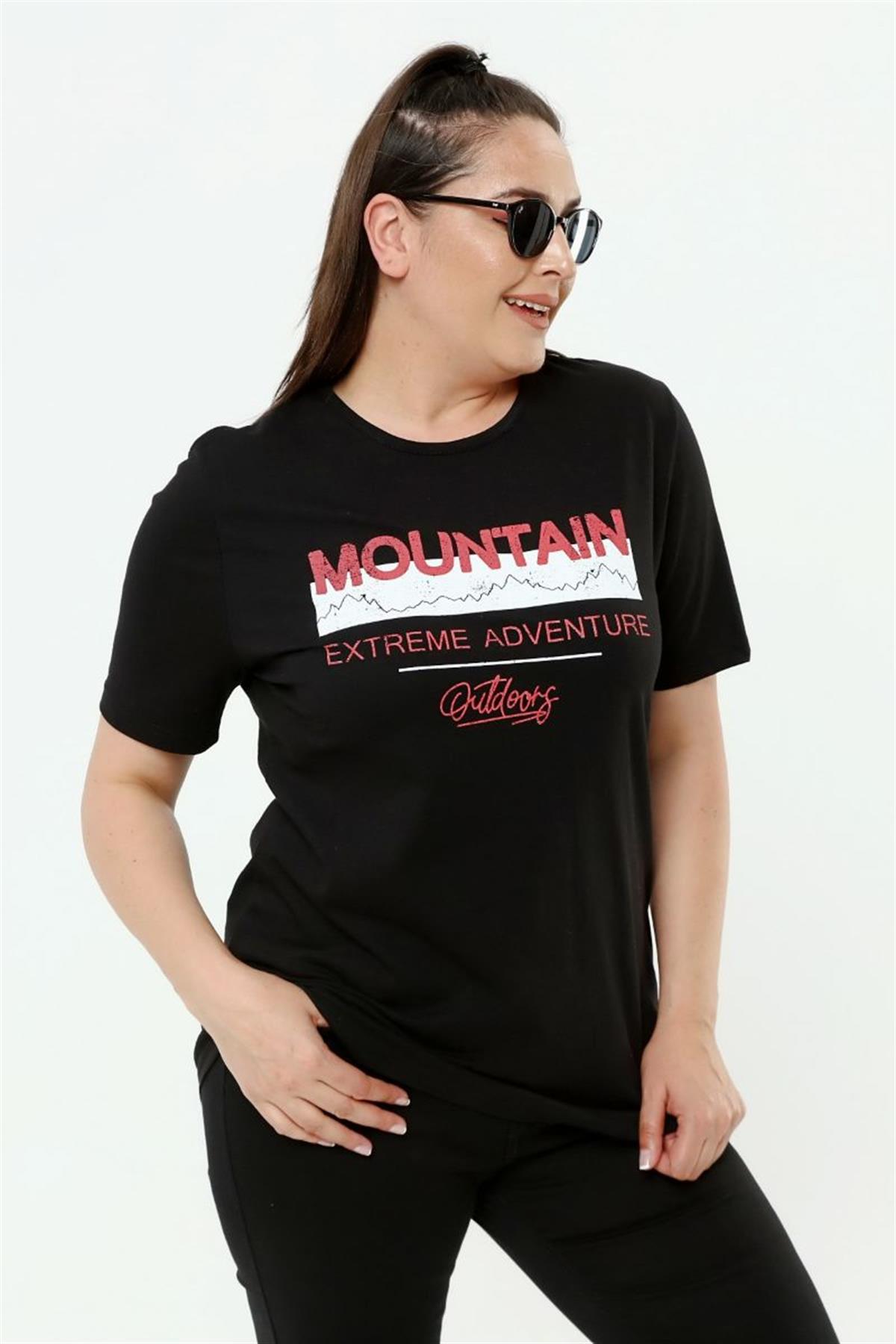 Tshirt Büyük Beden Yazı Baskılı Bisiklet Yaka T-Shirt Siyah