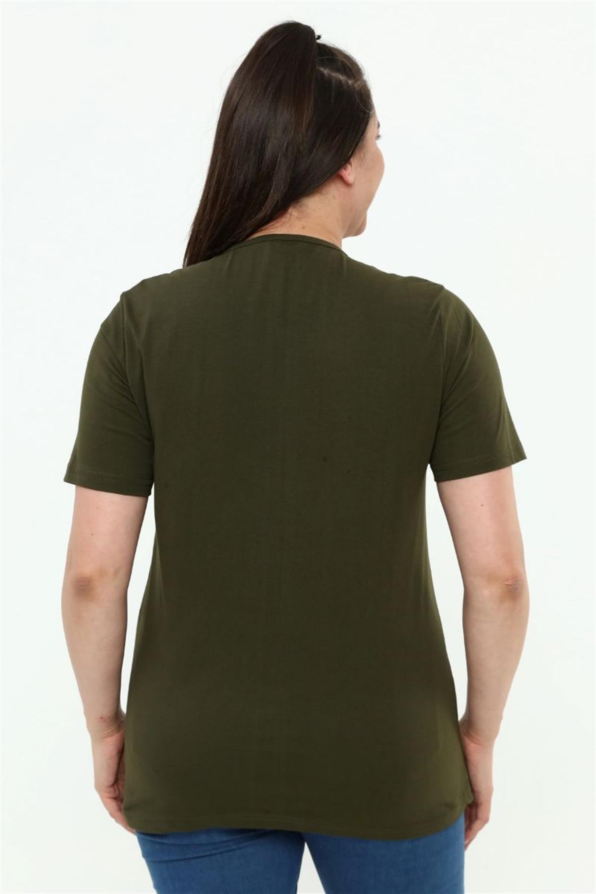 Tshirt Büyük Beden Yazı Baskılı Bisiklet Yaka T-Shirt Haki