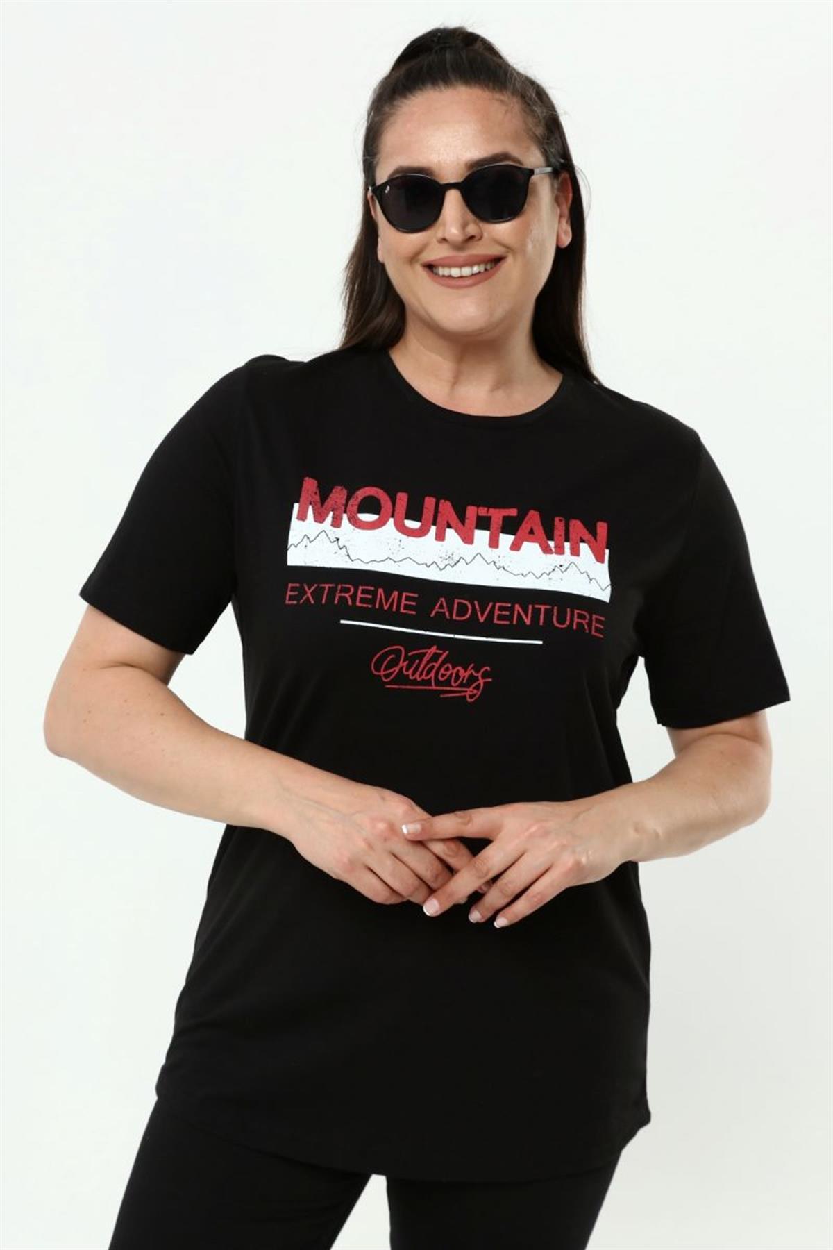 Tshirt Büyük Beden Yazı Baskılı Bisiklet Yaka T-Shirt Siyah