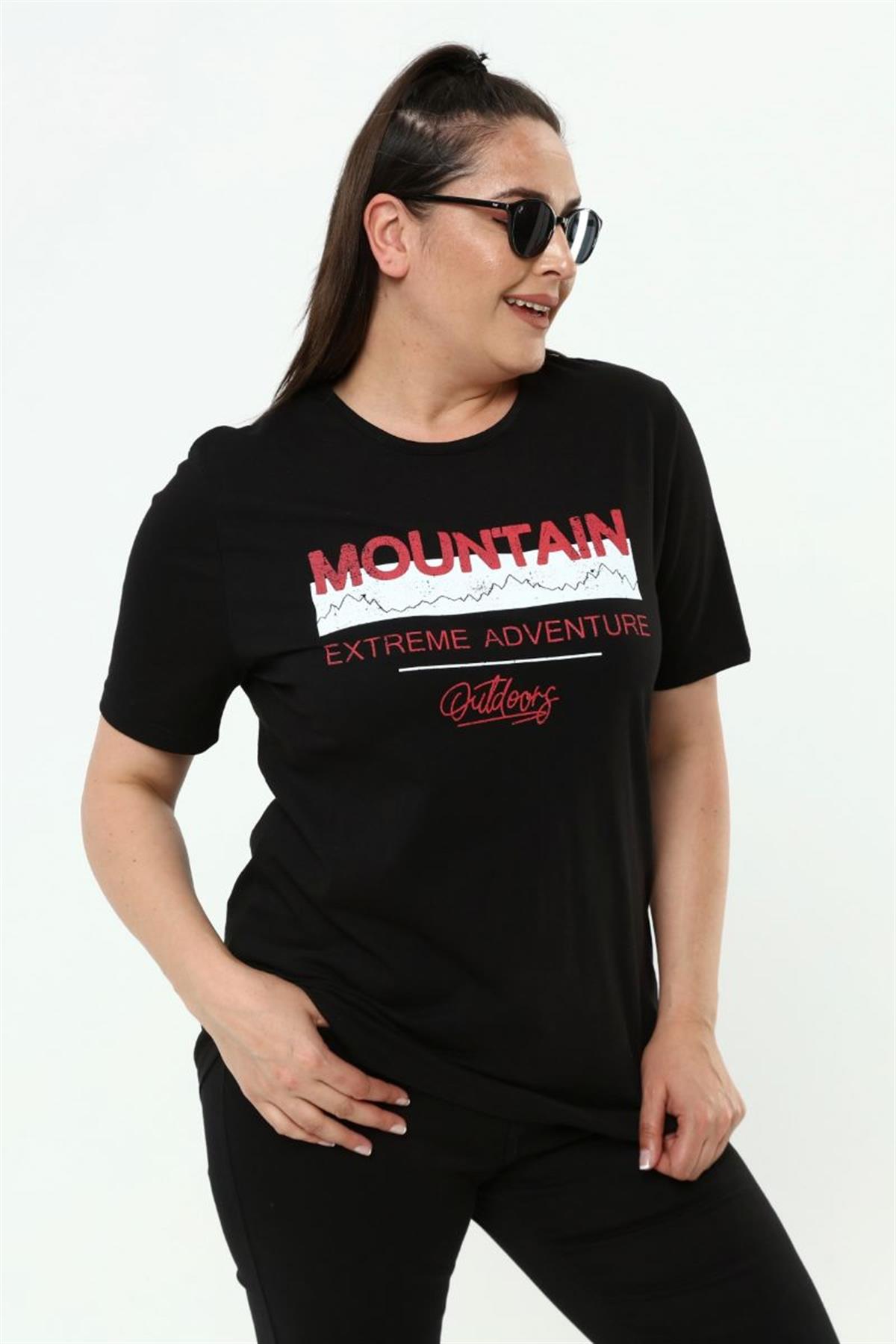 Tshirt Büyük Beden Yazı Baskılı Bisiklet Yaka T-Shirt Siyah