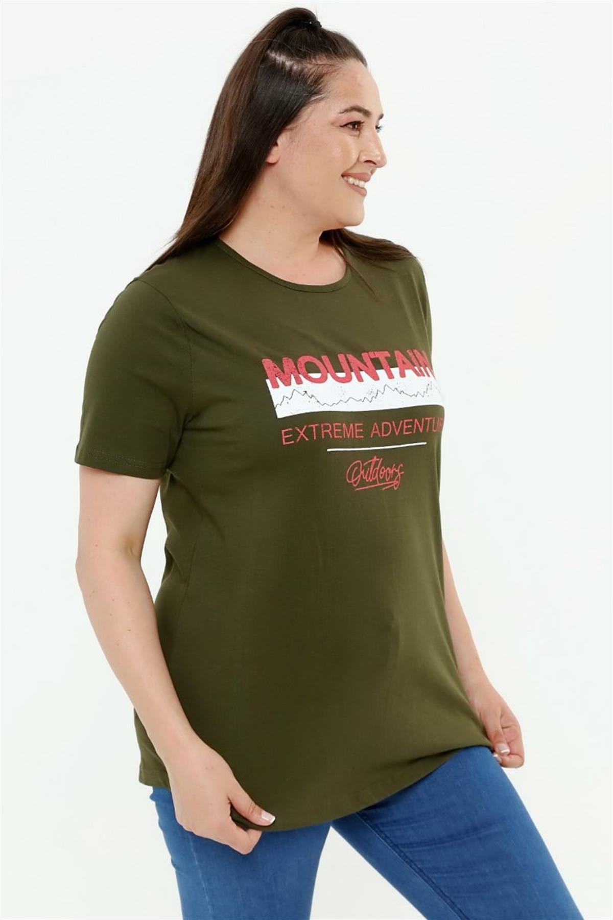 Tshirt Büyük Beden Yazı Baskılı Bisiklet Yaka T-Shirt Haki