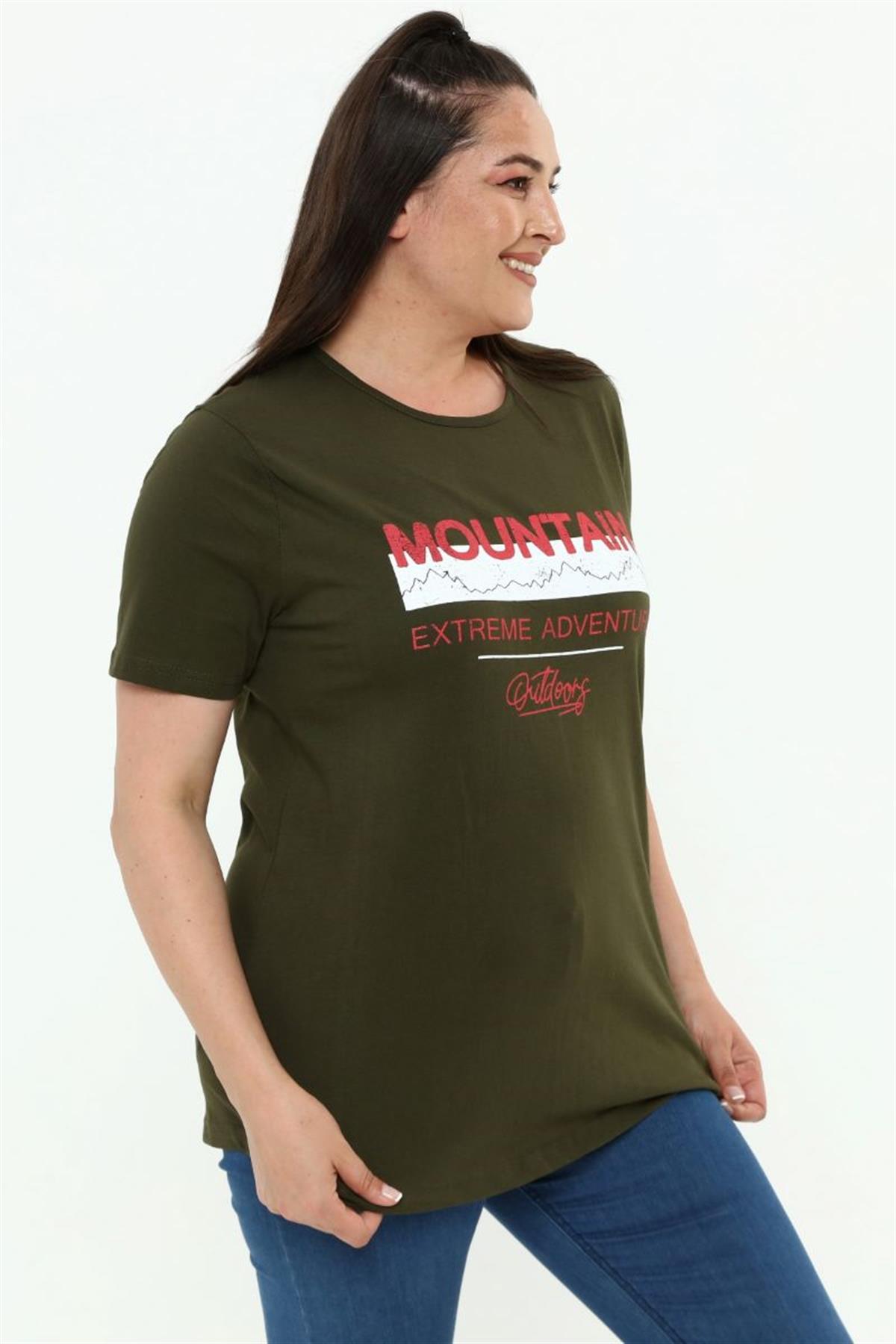 Tshirt Büyük Beden Yazı Baskılı Bisiklet Yaka T-Shirt Haki