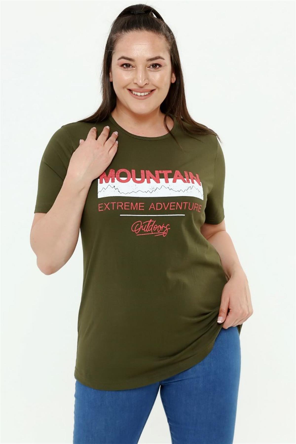 Tshirt Büyük Beden Yazı Baskılı Bisiklet Yaka T-Shirt Haki