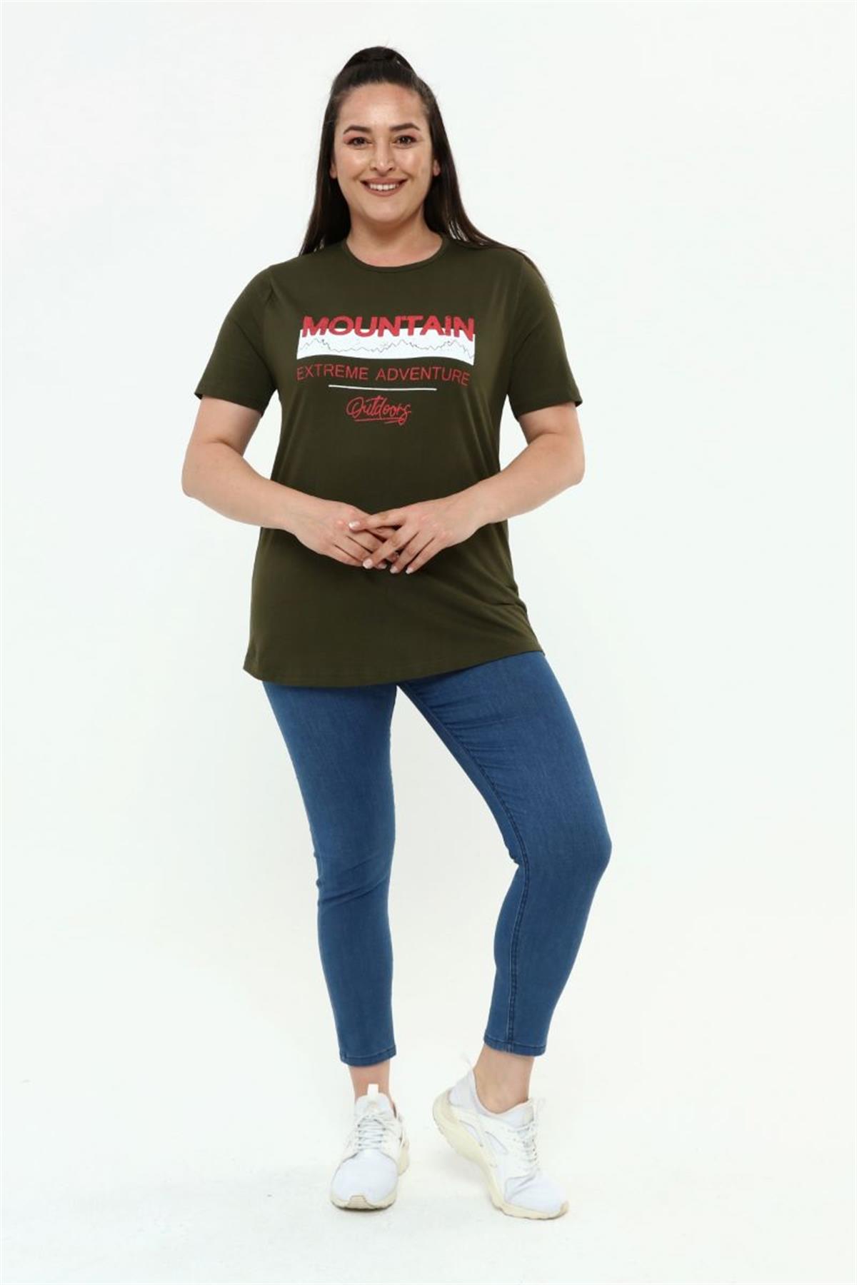 Tshirt Büyük Beden Yazı Baskılı Bisiklet Yaka T-Shirt Haki