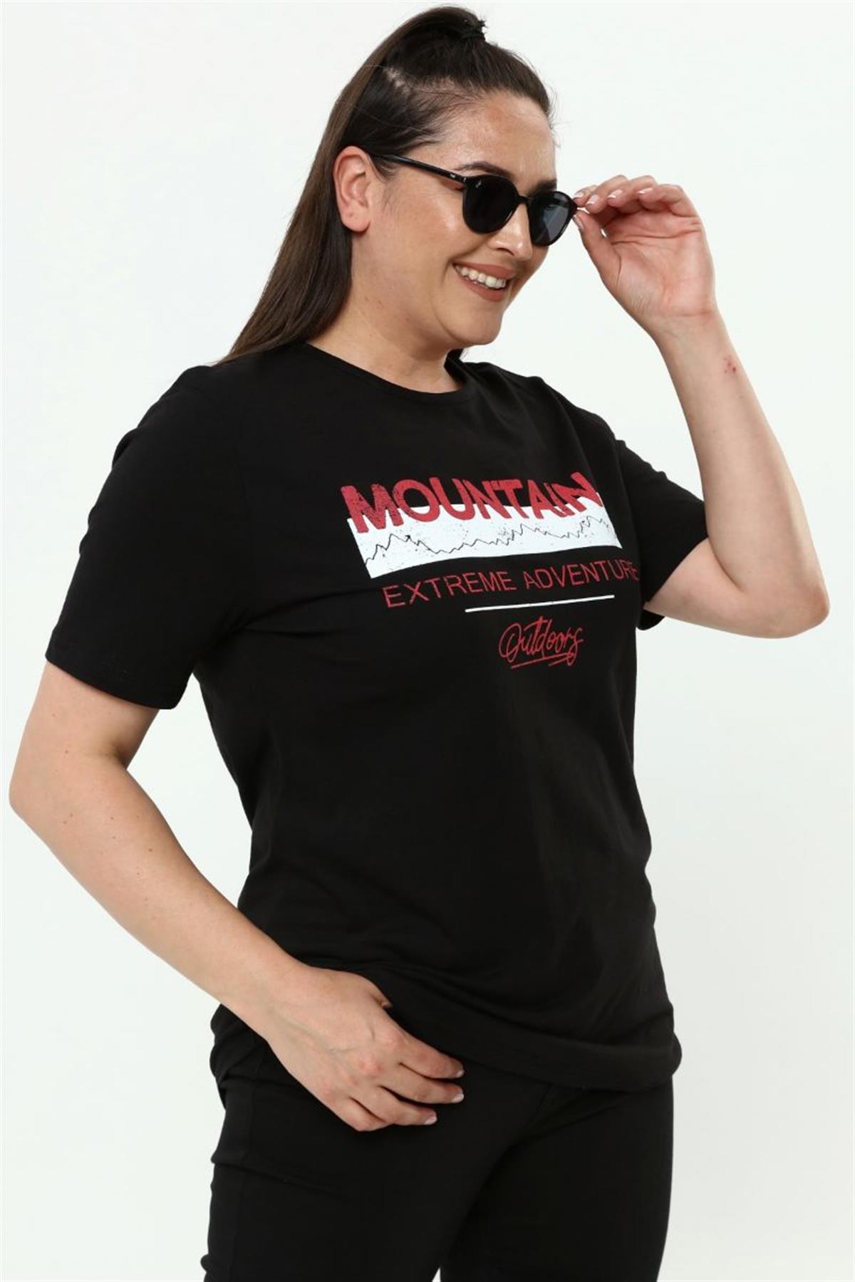 Tshirt Büyük Beden Yazı Baskılı Bisiklet Yaka T-Shirt Siyah