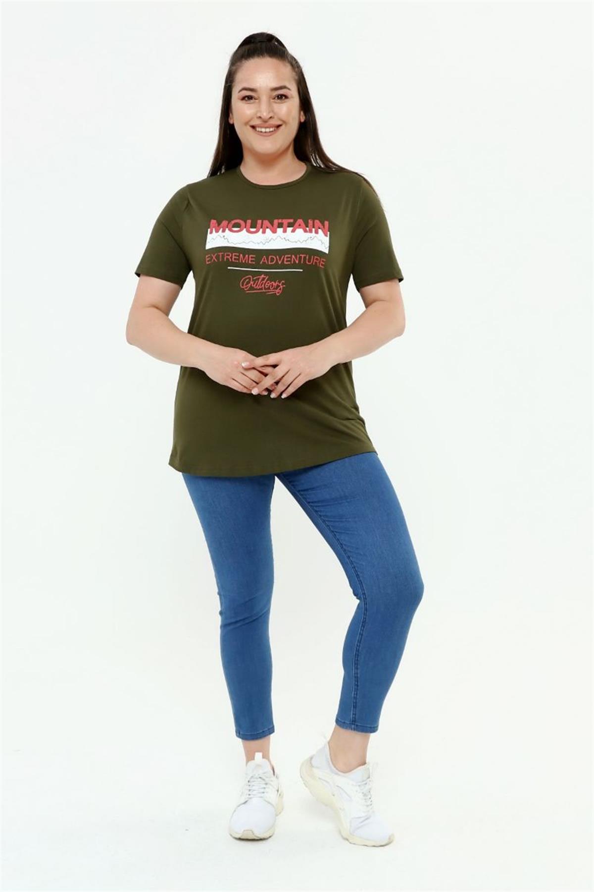Tshirt Büyük Beden Yazı Baskılı Bisiklet Yaka T-Shirt Haki