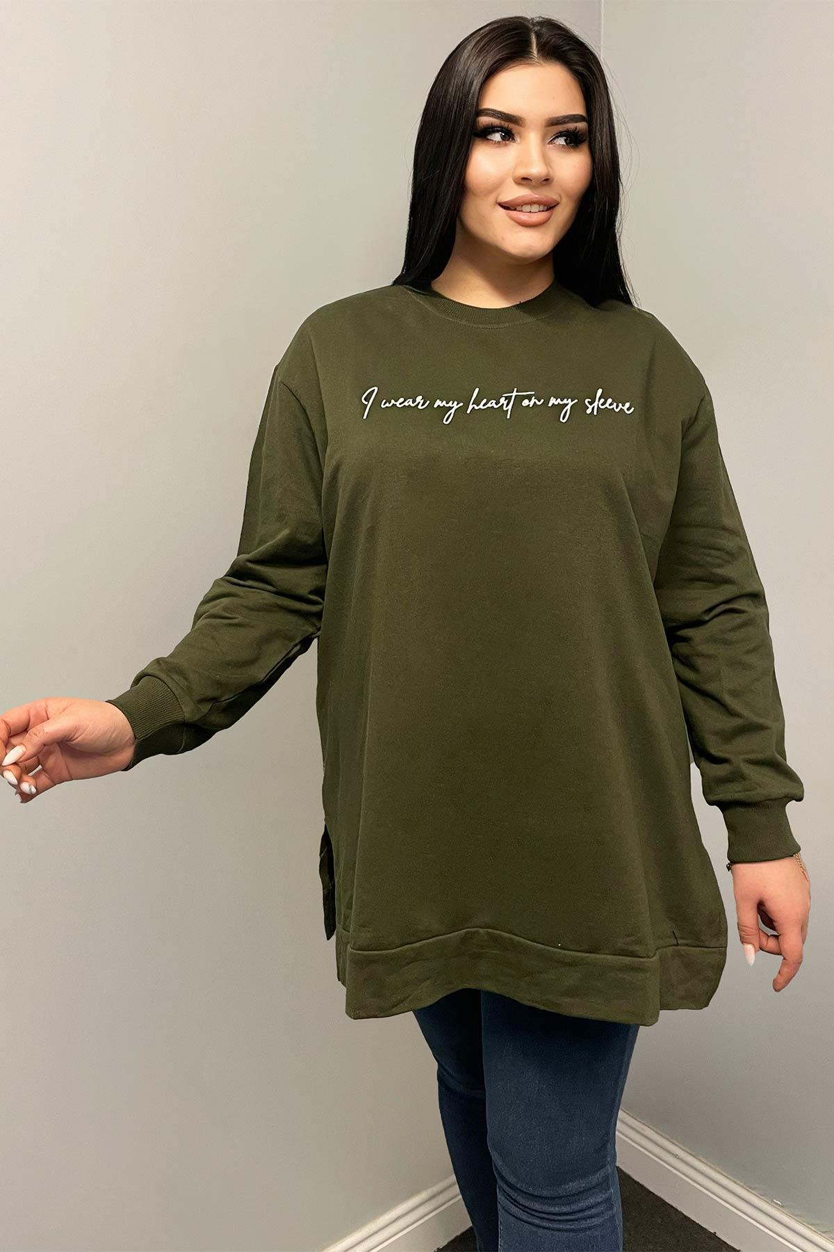 Sweatshirt Büyük Beden Yazı Nakış Detaylı Oversize Sweatshirt Haki