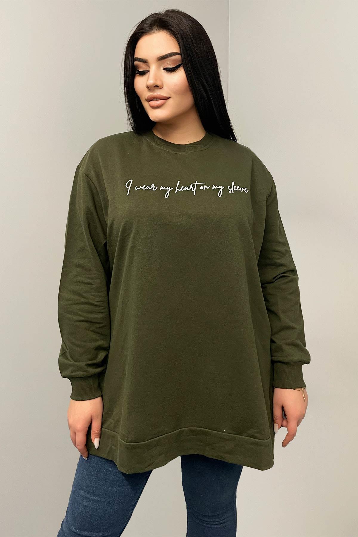 Sweatshirt Büyük Beden Yazı Nakış Detaylı Oversize Sweatshirt Haki