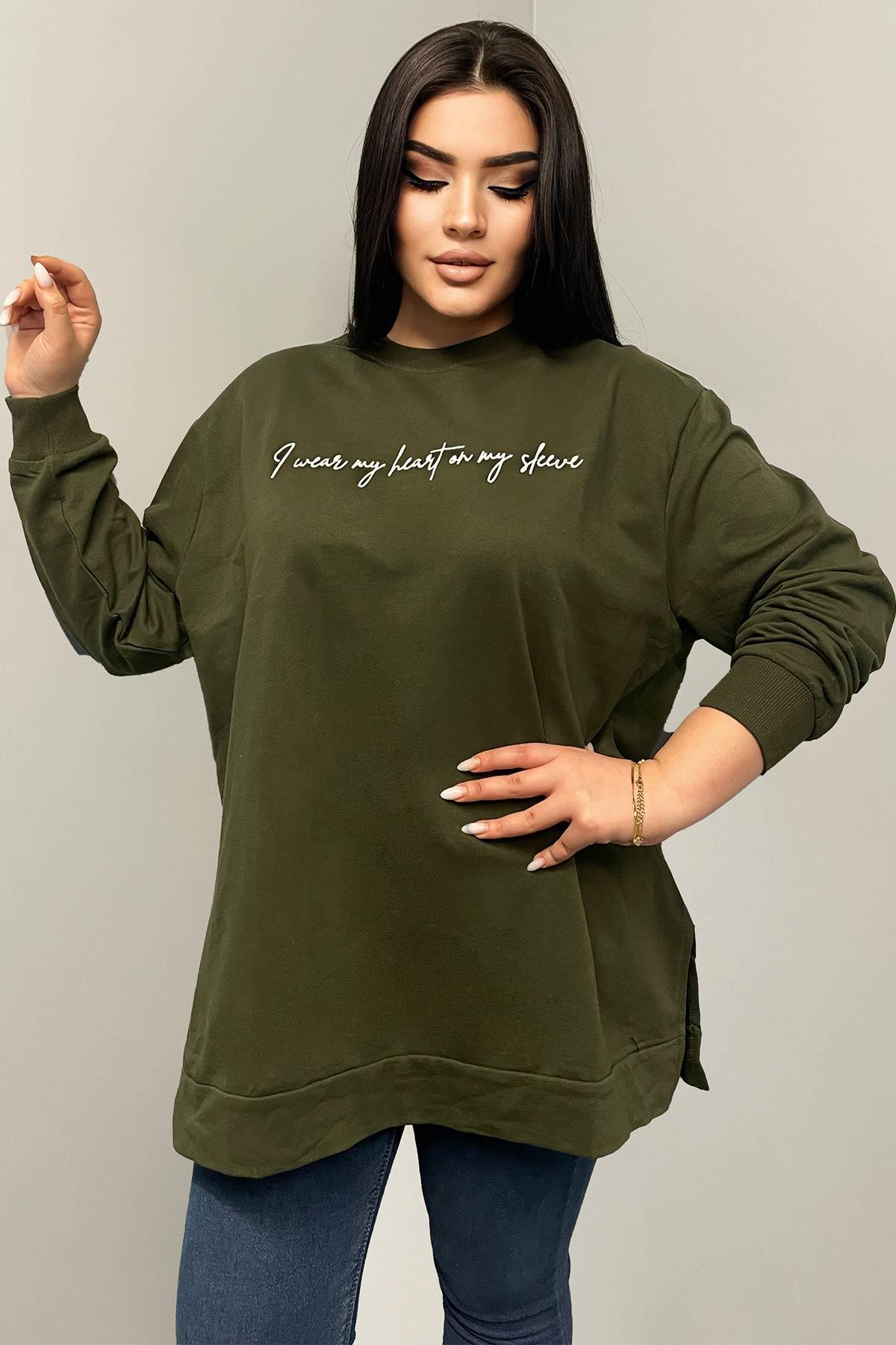Sweatshirt Büyük Beden Yazı Nakış Detaylı Oversize Sweatshirt Haki