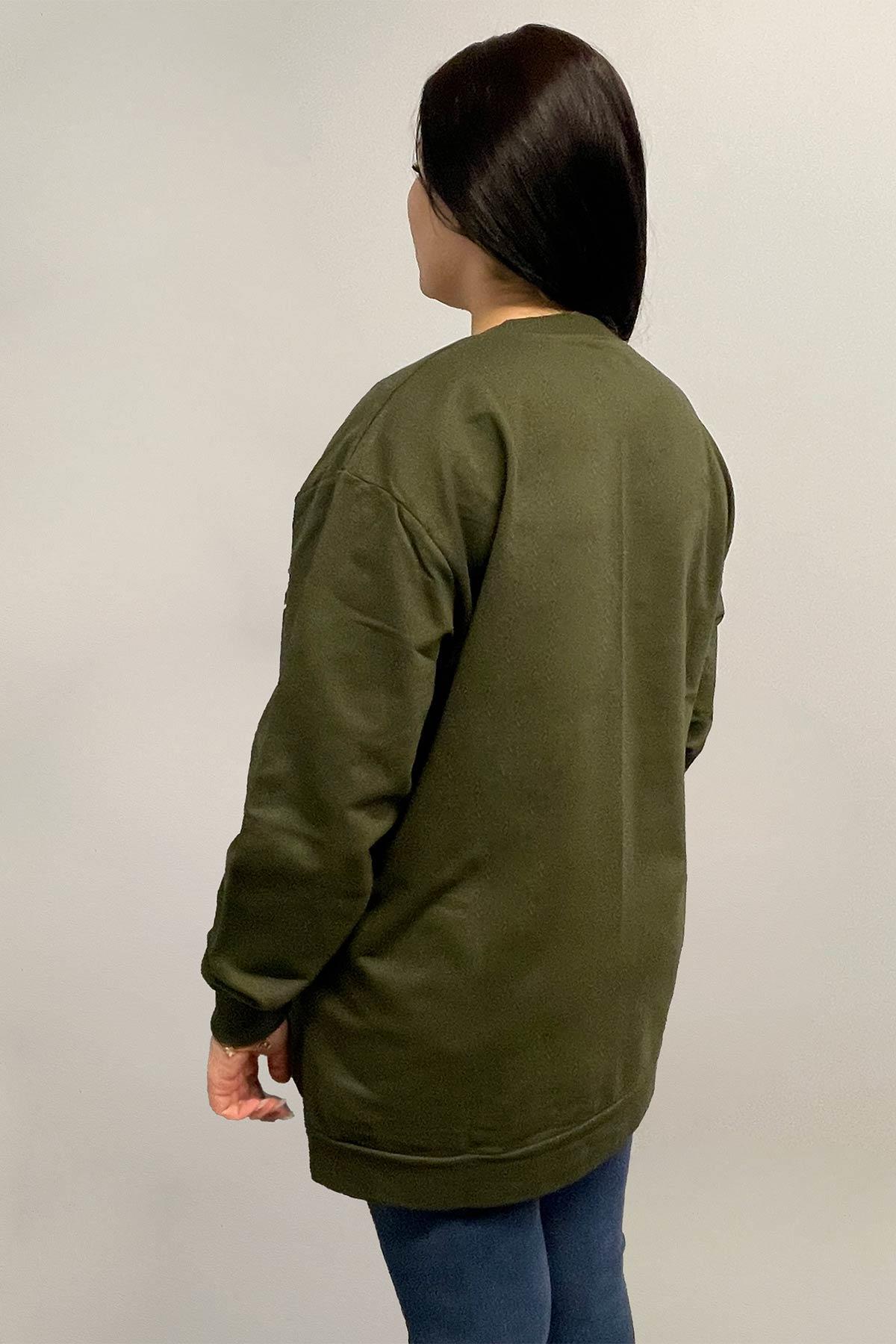Sweatshirt Büyük Beden Yazı Nakış Detaylı Oversize Sweatshirt Haki
