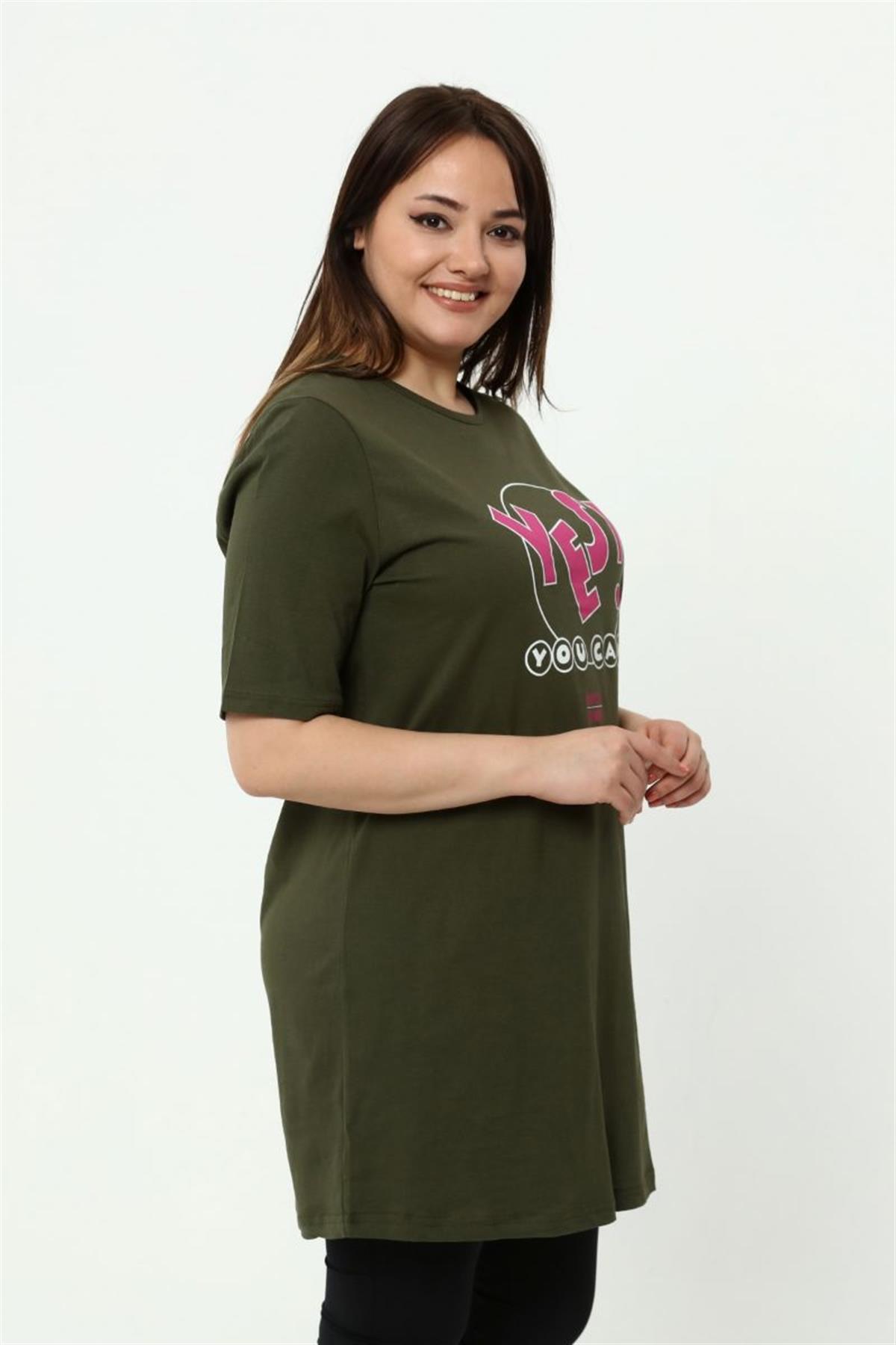 Tshirt Büyük Beden Yes Baskılı Tunik T-Shirt Haki
