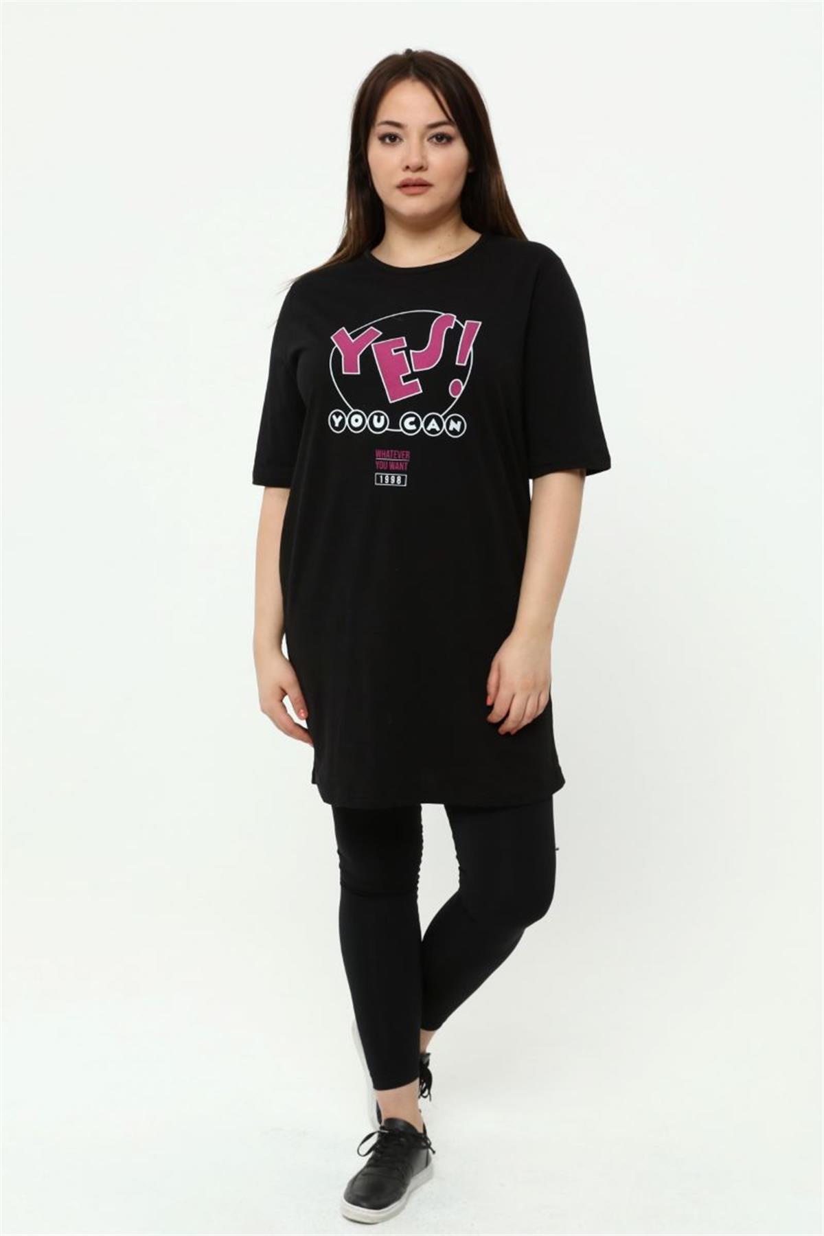Tshirt Büyük Beden Yes Baskılı Tunik T-Shirt Siyah