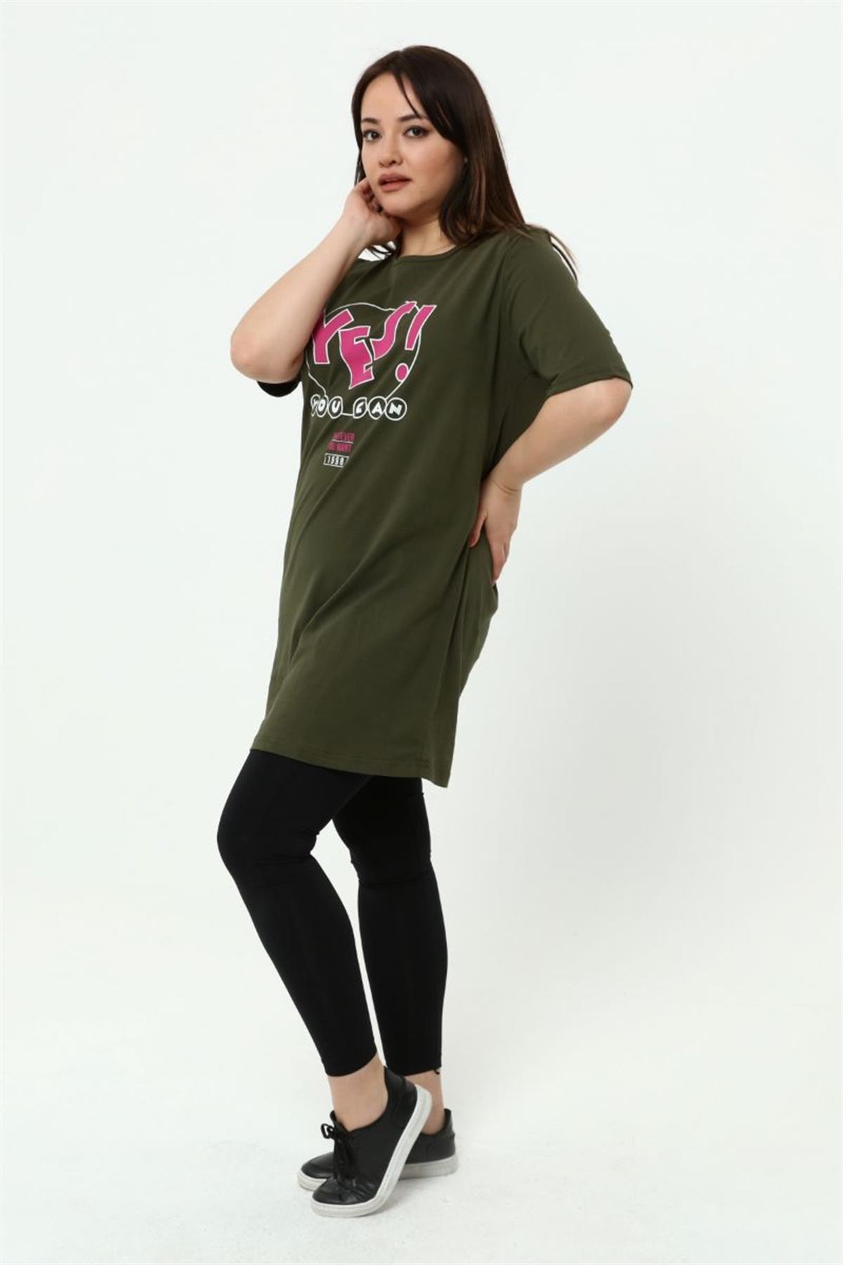 Tshirt Büyük Beden Yes Baskılı Tunik T-Shirt Haki