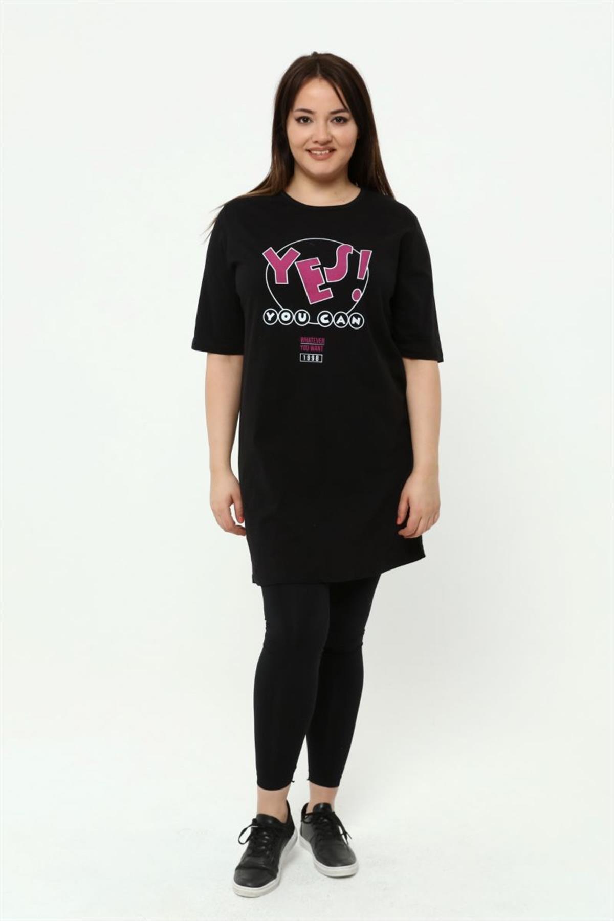 Tshirt Büyük Beden Yes Baskılı Tunik T-Shirt Siyah