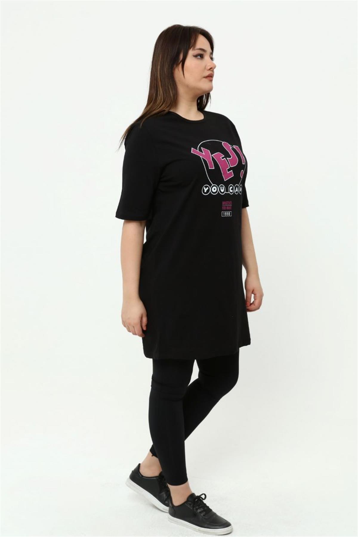 Tshirt Büyük Beden Yes Baskılı Tunik T-Shirt Siyah