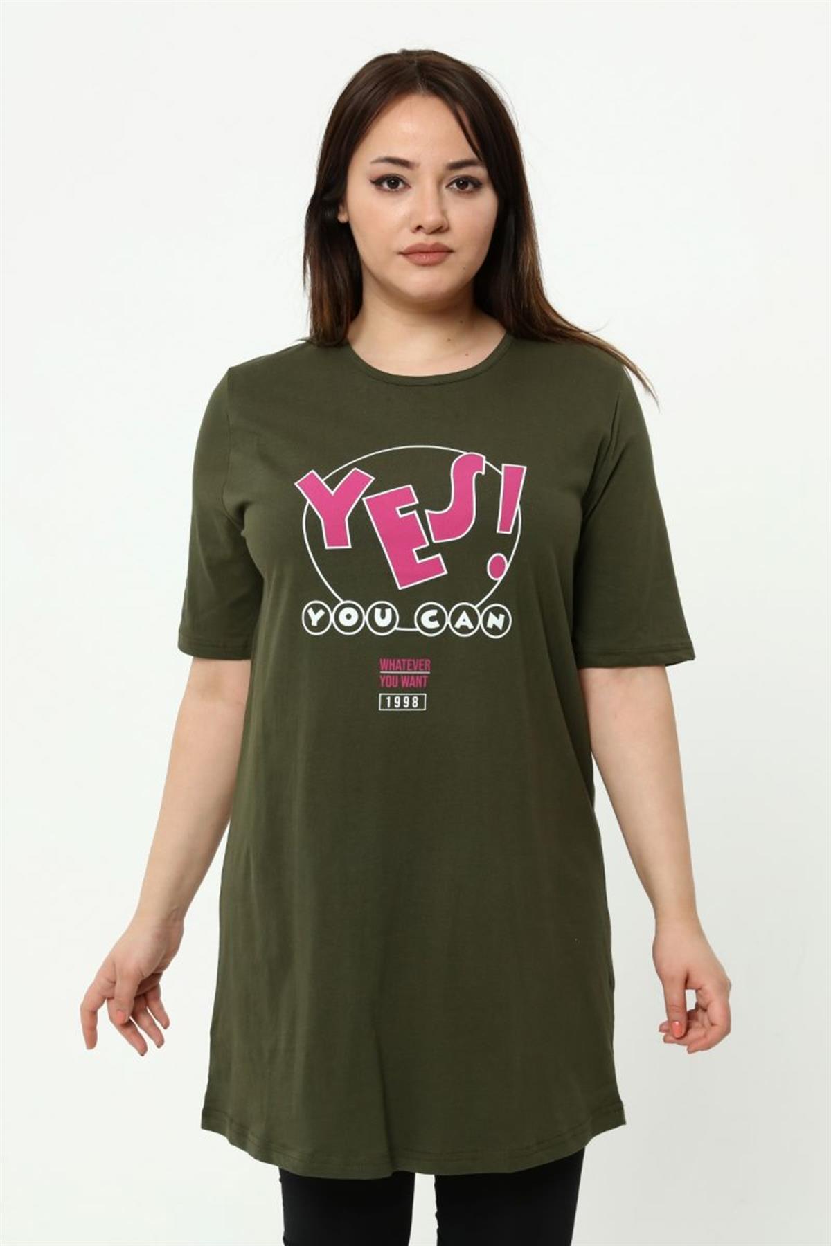 Tshirt Büyük Beden Yes Baskılı Tunik T-Shirt Haki