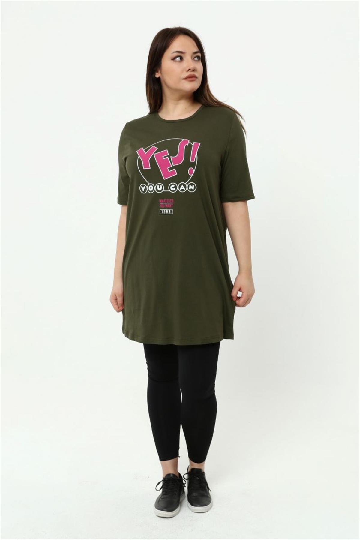 Tshirt Büyük Beden Yes Baskılı Tunik T-Shirt Haki
