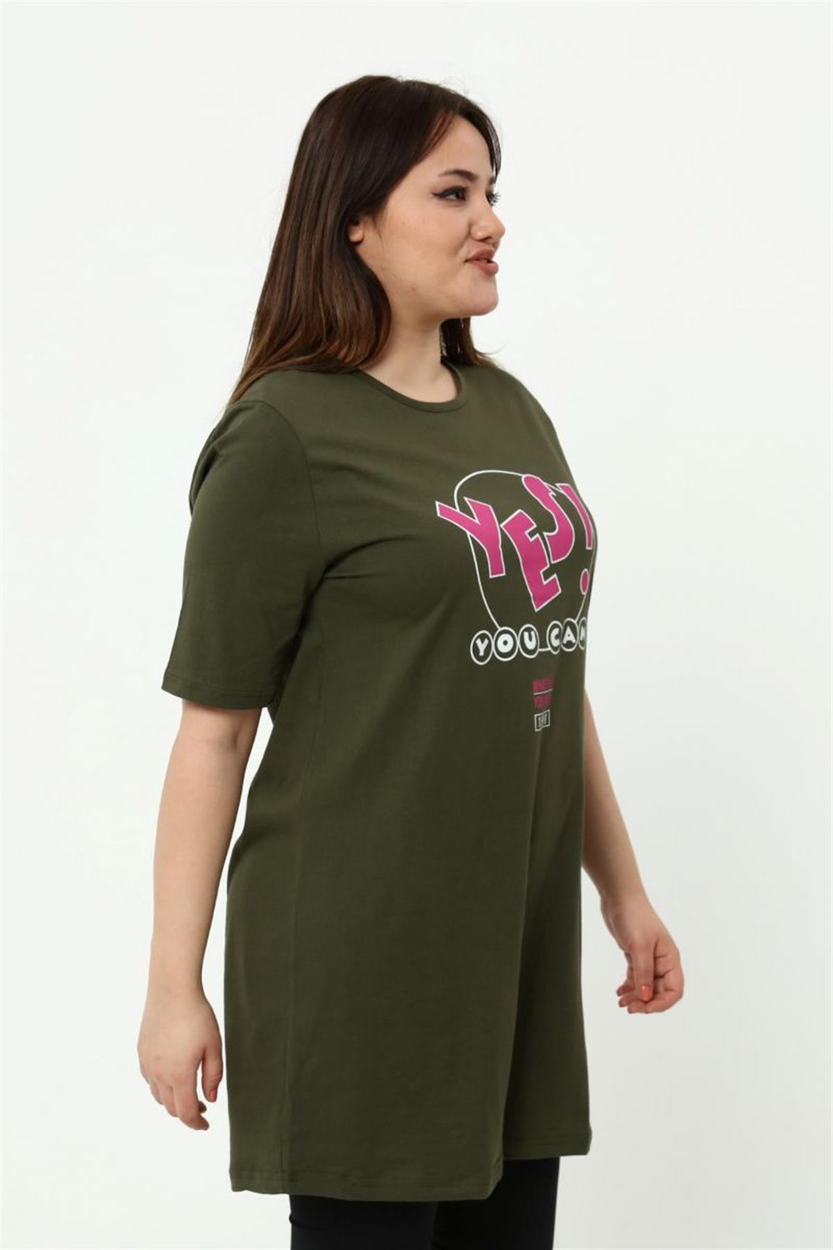 Tshirt Büyük Beden Yes Baskılı Tunik T-Shirt Haki
