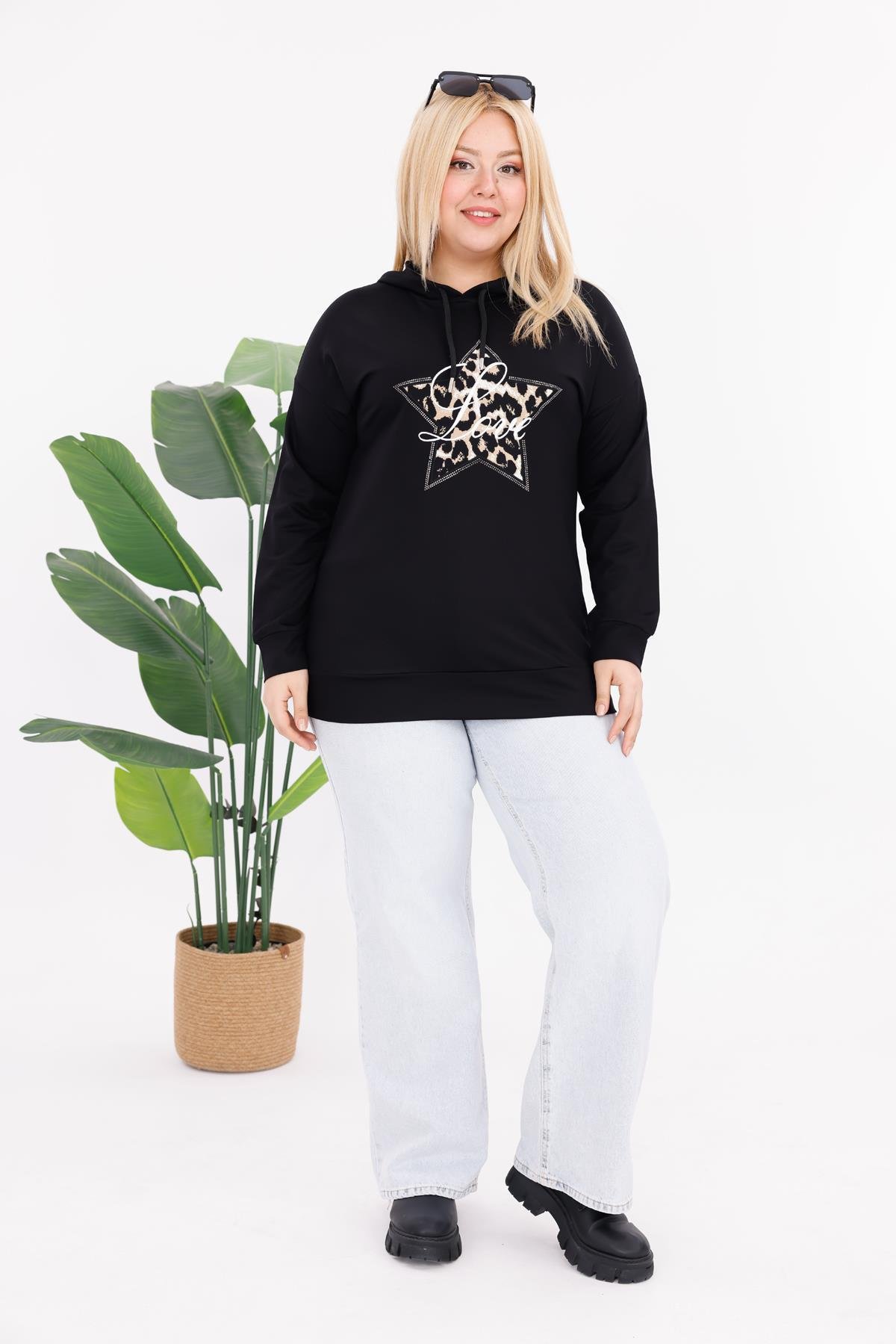 Sweatshirt Büyük Beden Yıldız Detaylı Kapüşonlu Sweatshirt