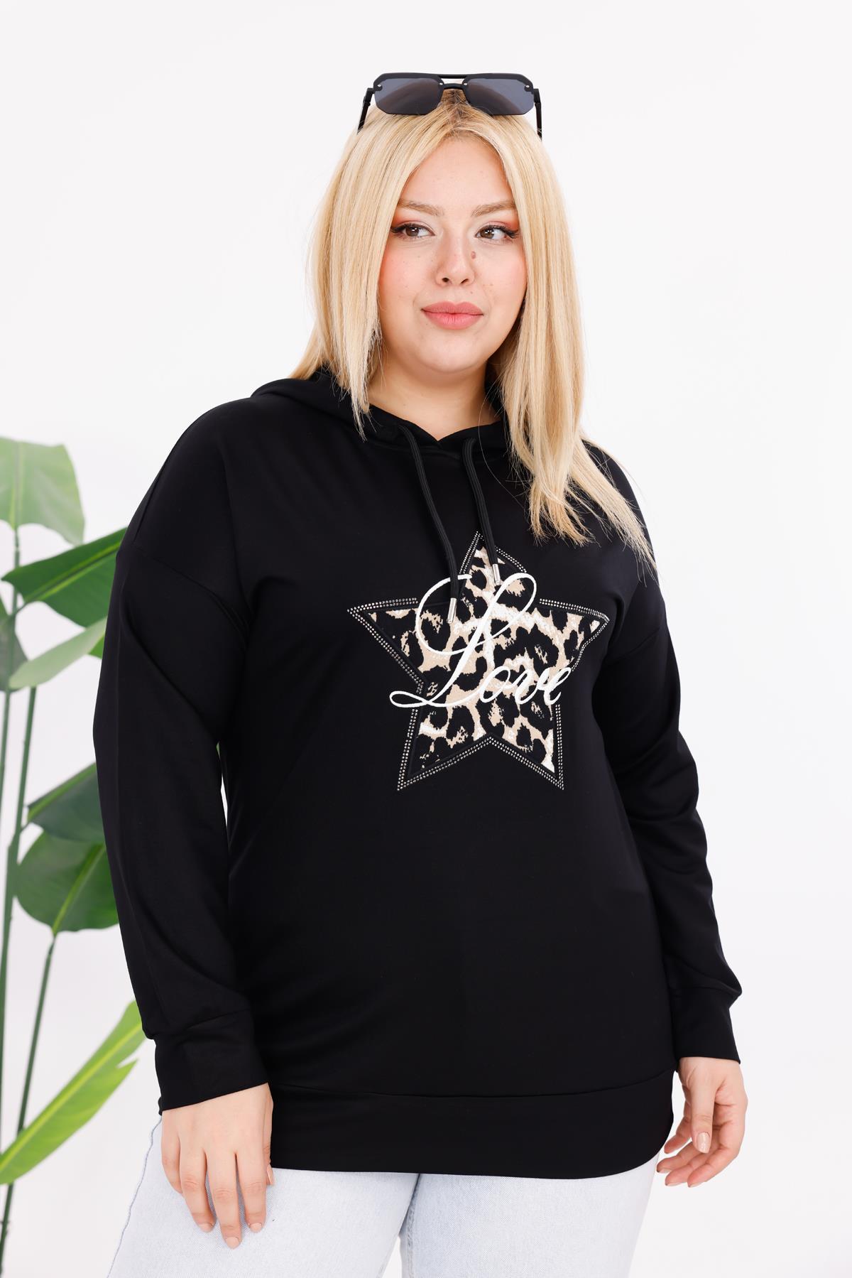 Sweatshirt Büyük Beden Yıldız Detaylı Kapüşonlu Sweatshirt