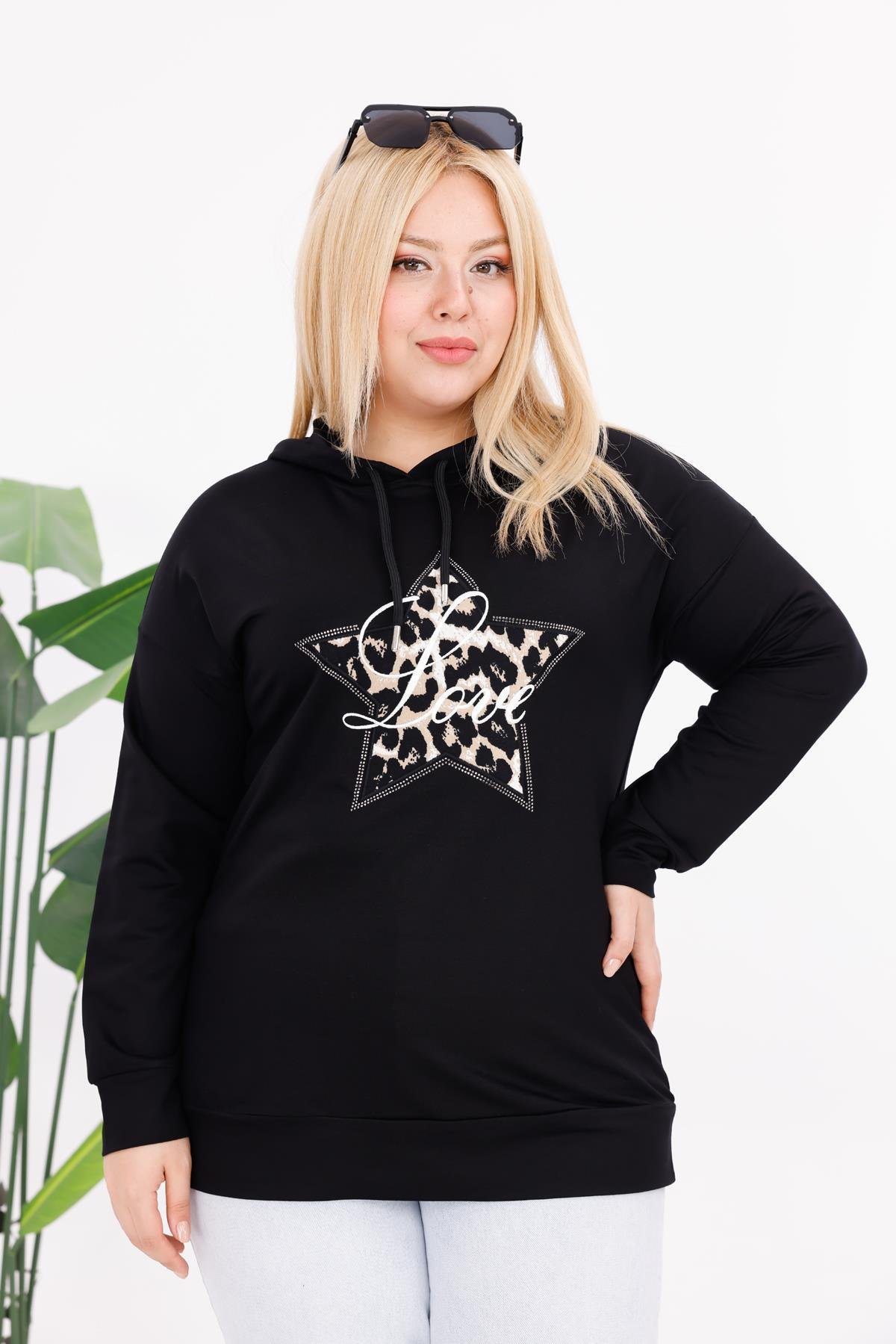 Sweatshirt Büyük Beden Yıldız Detaylı Kapüşonlu Sweatshirt