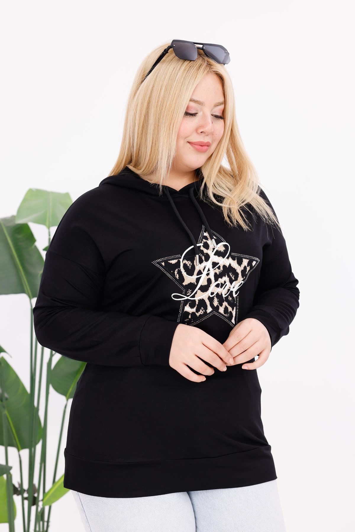 Sweatshirt Büyük Beden Yıldız Detaylı Kapüşonlu Sweatshirt