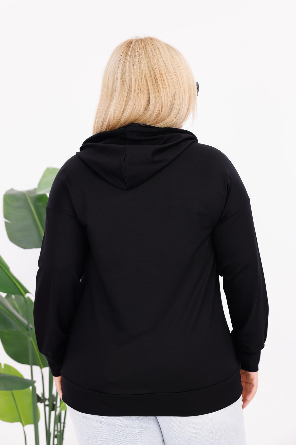 Sweatshirt Büyük Beden Yıldız Detaylı Kapüşonlu Sweatshirt
