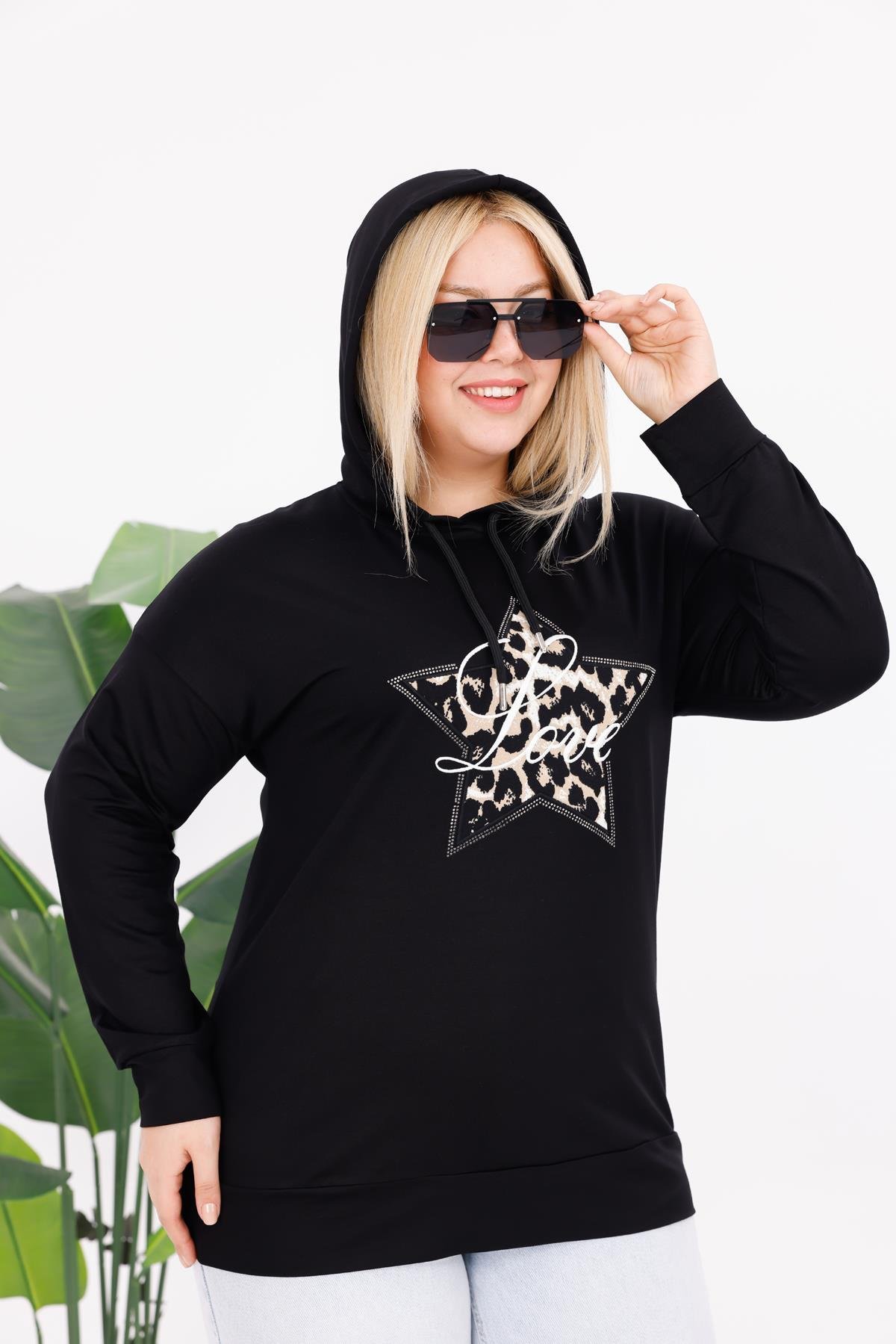 Sweatshirt Büyük Beden Yıldız Detaylı Kapüşonlu Sweatshirt