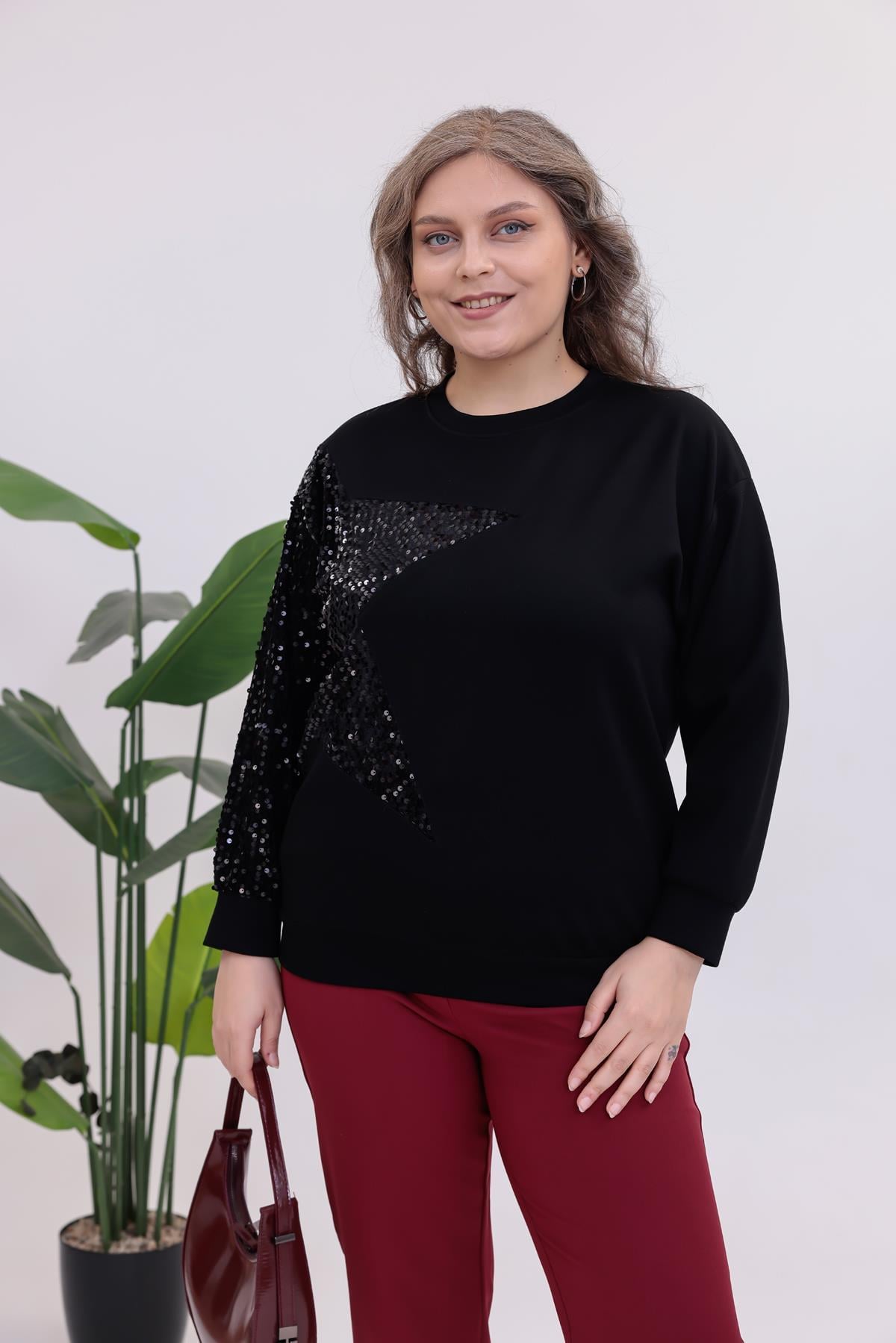 Sweatshirt Büyük Beden Yıldız Pul İşlemeli Sweatshirt