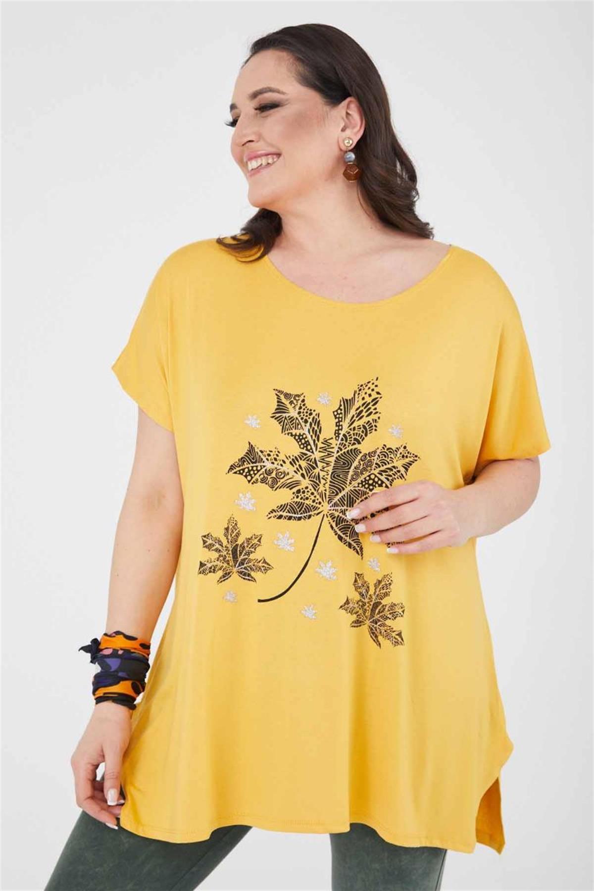 Tshirt Büyük Beden Yıldız Yaprak Baskılı Oversize Pamuklu Likralı T-Shirt Hardal