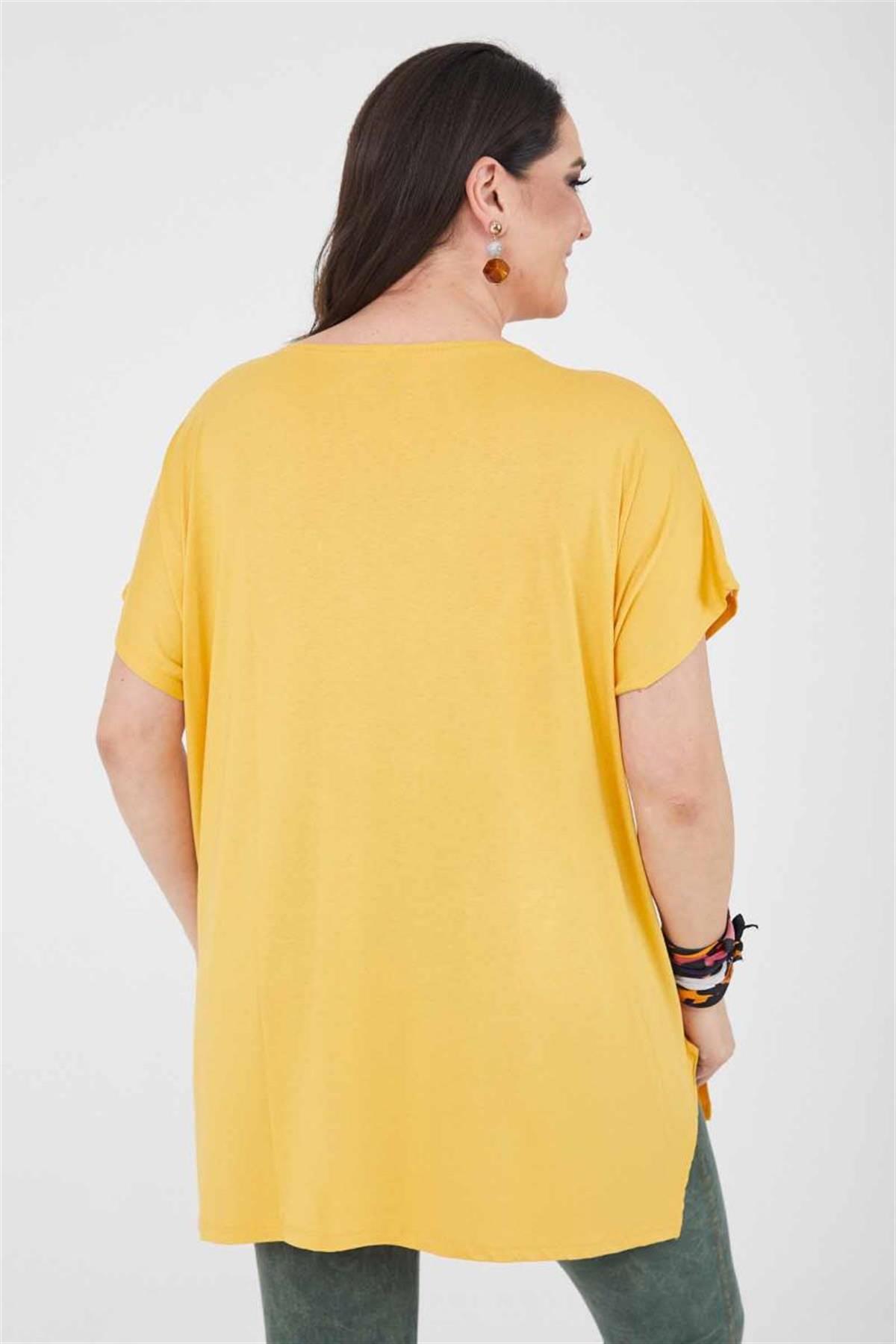 Tshirt Büyük Beden Yıldız Yaprak Baskılı Oversize Pamuklu Likralı T-Shirt Hardal