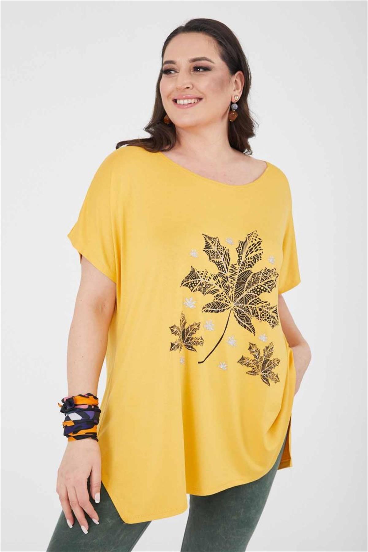 Tshirt Büyük Beden Yıldız Yaprak Baskılı Oversize Pamuklu Likralı T-Shirt Hardal