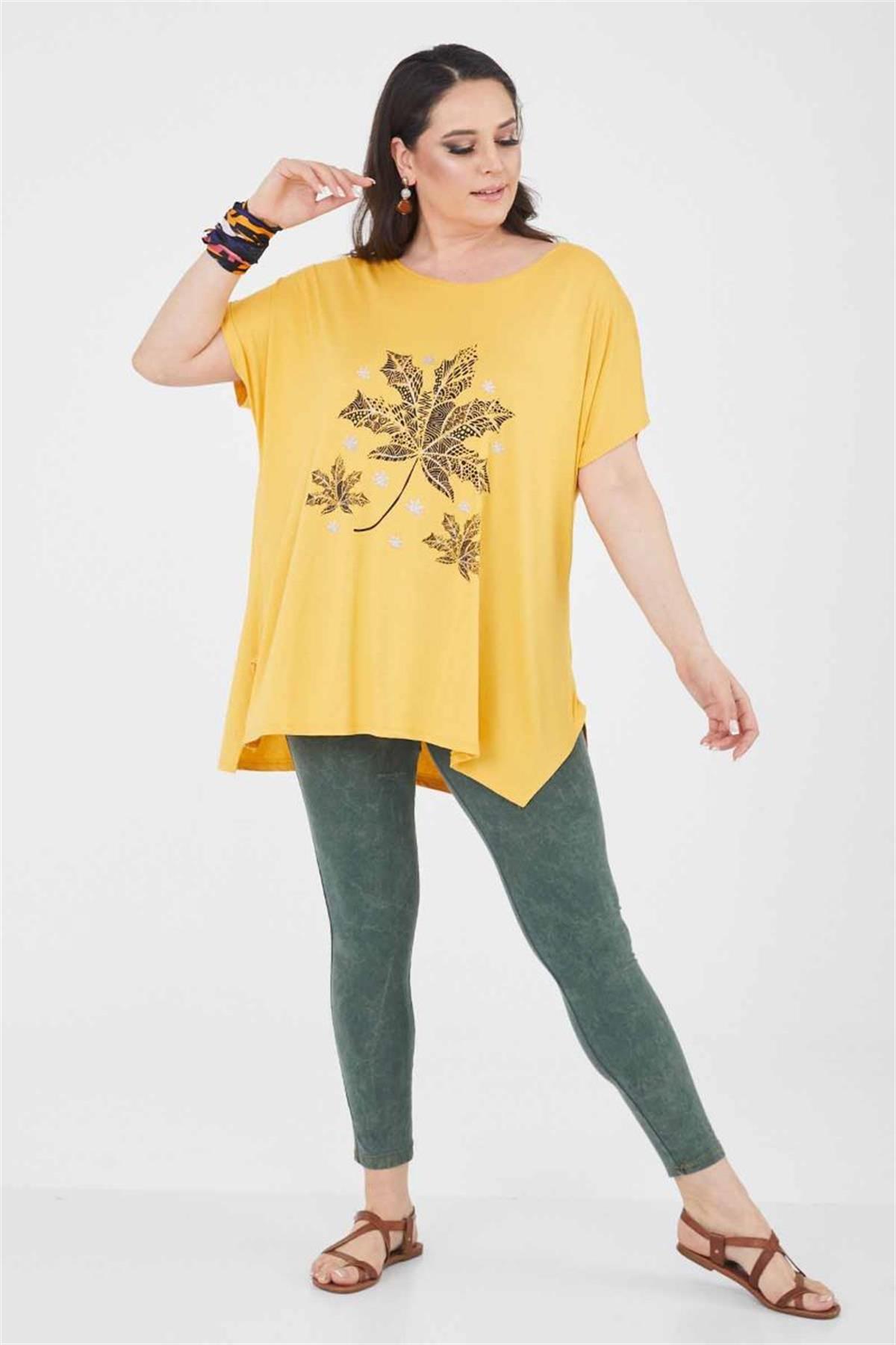 Tshirt Büyük Beden Yıldız Yaprak Baskılı Oversize Pamuklu Likralı T-Shirt Hardal