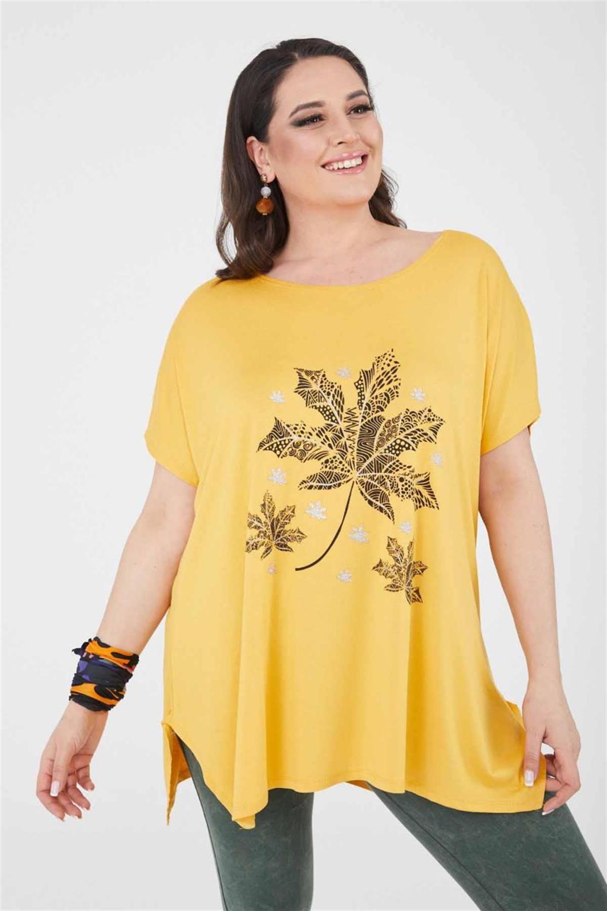 Tshirt Büyük Beden Yıldız Yaprak Baskılı Oversize Pamuklu Likralı T-Shirt Hardal
