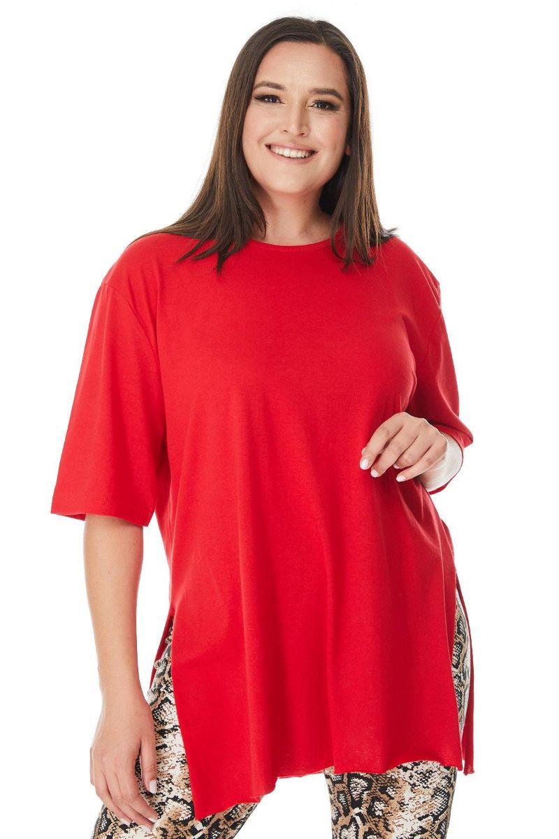 Bluz Büyük Beden Yırtmaçlı Basic Bluz Kırmızı