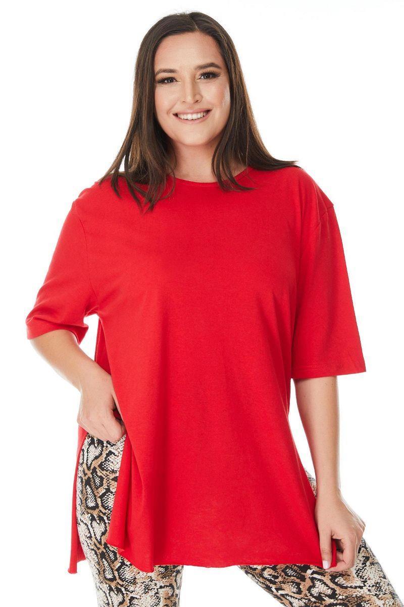 Bluz Büyük Beden Yırtmaçlı Basic Bluz Kırmızı