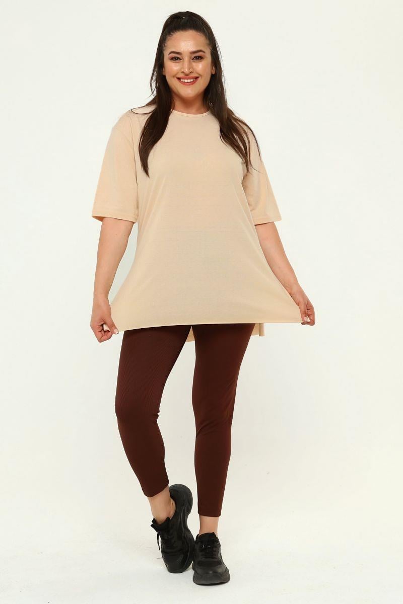 Tshirt Büyük Beden Yırtmaçlı Basic T-Shirt Camel
