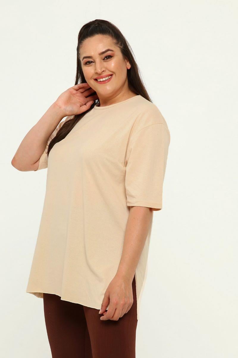 Tshirt Büyük Beden Yırtmaçlı Basic T-Shirt Camel