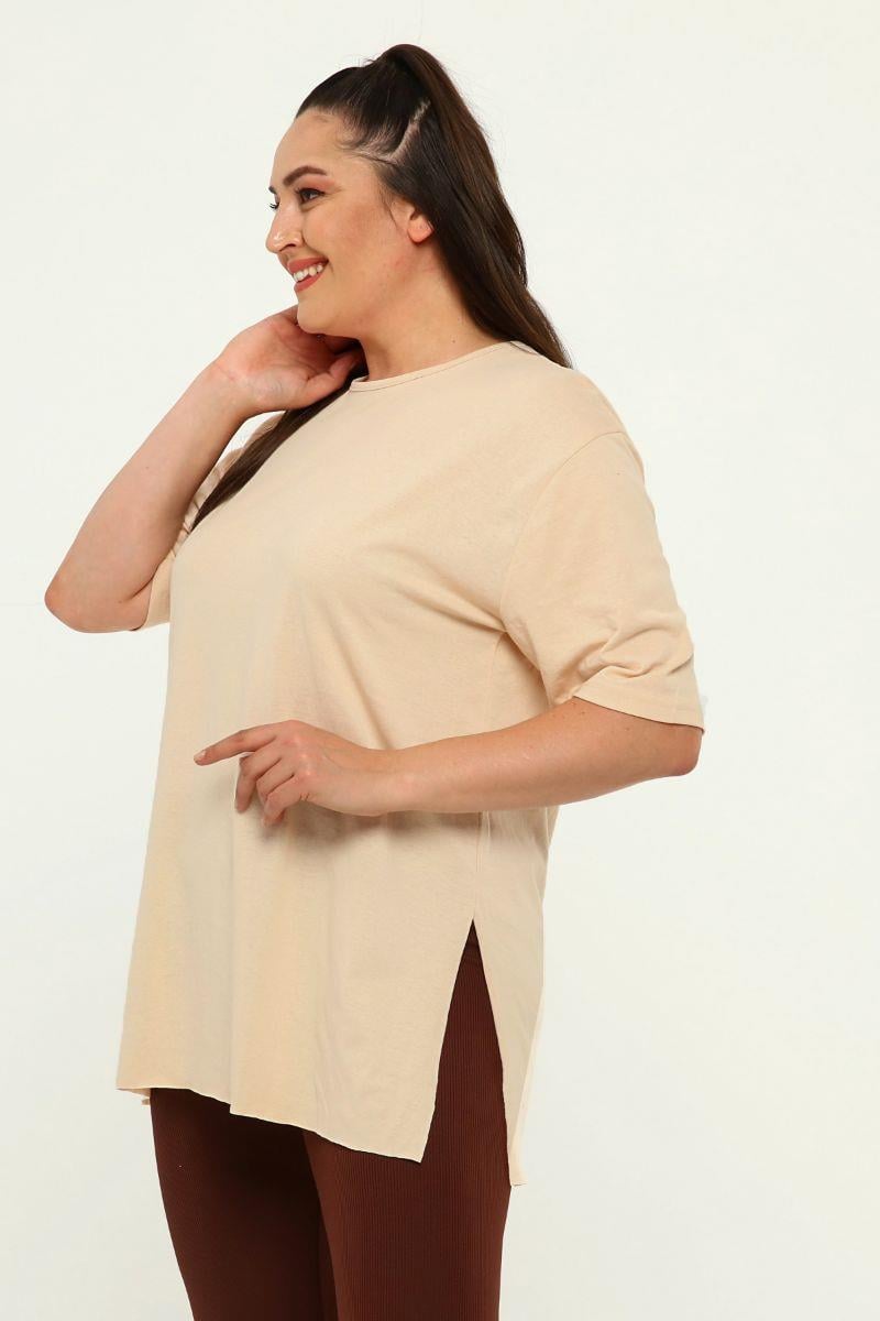 Tshirt Büyük Beden Yırtmaçlı Basic T-Shirt Camel