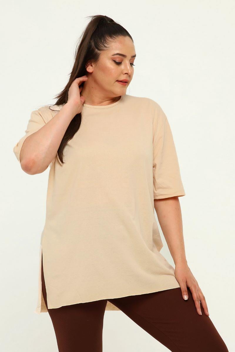 Tshirt Büyük Beden Yırtmaçlı Basic T-Shirt Camel