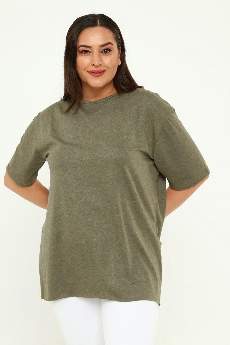 Tshirt Büyük Beden Yırtmaçlı Basic T-Shirt Haki