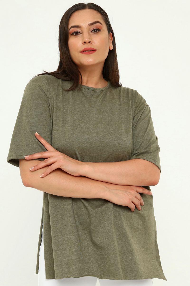 Tshirt Büyük Beden Yırtmaçlı Basic T-Shirt Haki