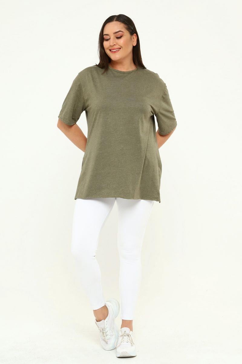 Tshirt Büyük Beden Yırtmaçlı Basic T-Shirt Haki