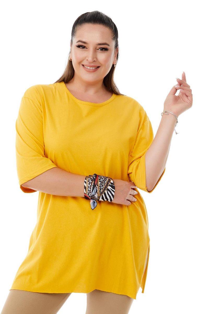 Tshirt Büyük Beden Yırtmaçlı Basic T-Shirt Hardal