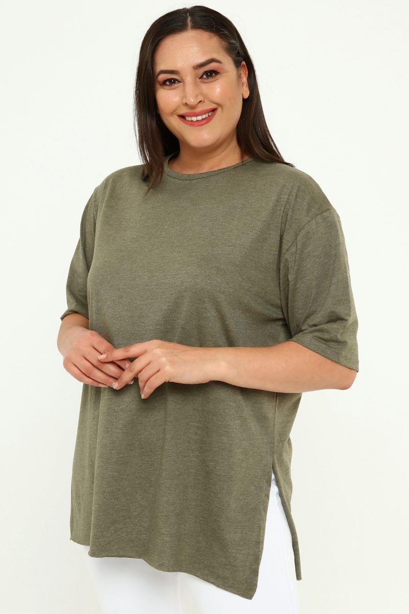Tshirt Büyük Beden Yırtmaçlı Basic T-Shirt Haki