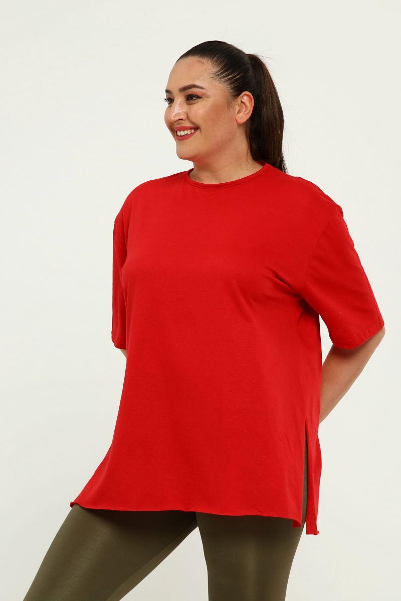 Tshirt Büyük Beden Yırtmaçlı Basic T-Shirt Kırmızı