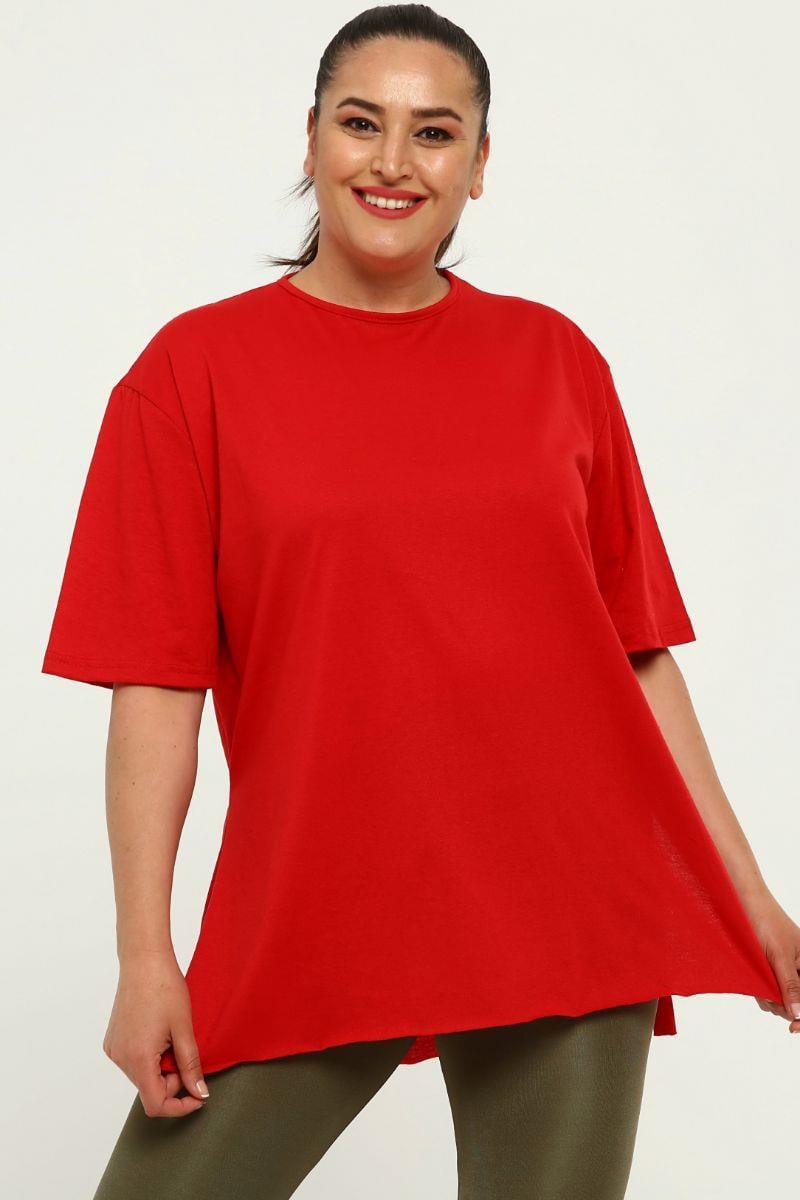 Tshirt Büyük Beden Yırtmaçlı Basic T-Shirt Kırmızı