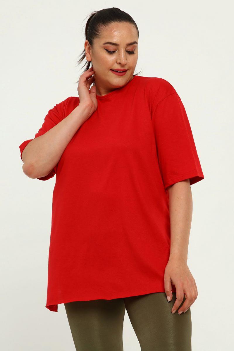 Tshirt Büyük Beden Yırtmaçlı Basic T-Shirt Kırmızı