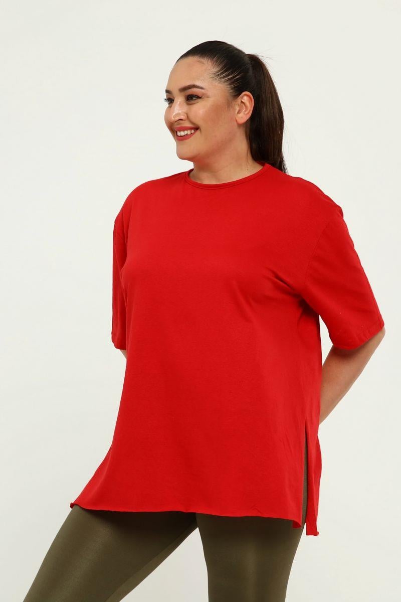 Tshirt Büyük Beden Yırtmaçlı Basic T-Shirt Kırmızı